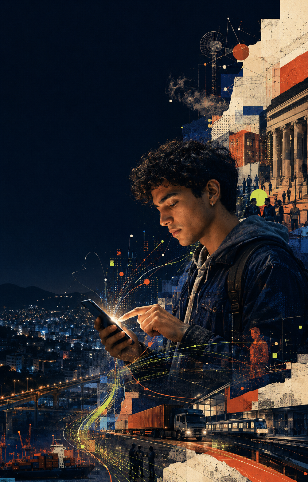 Una persona joven toca su teléfono mientras redes, logística, edificios y señales revelan la infraestructura invisible detrás del gesto.